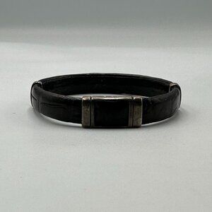 Bailey Banks & Biddle Bracelet Men Black Leather Sterling Silver Snap Clasp 8"